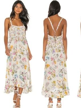 Spell Cream Floral Strappy V-Back Midi Dress